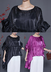 Purple Loose Silk Blouses O-Neck Low High Design Summer