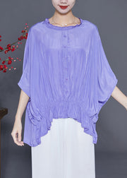 Purple Loose Silk Shirt Tops Wrinkled Low High Design Summer