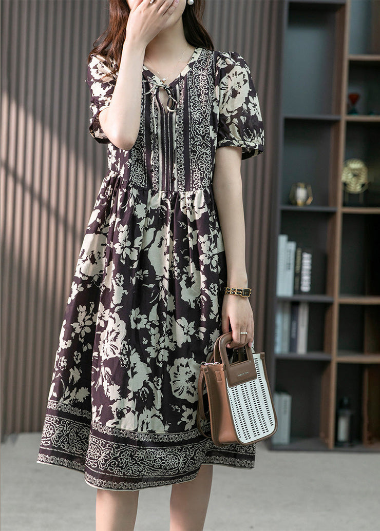 Purple Neck Tie Silk Long Dresses Short Sleeve