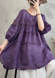 Purple O Neck Lace Patchwork Cotton T Shirt Spring