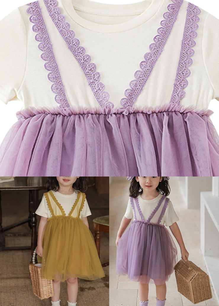 Purple O-Neck Tulle Girls Vacation Mid Dresses Short Sleeve