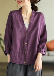 Purple Oversized Linen Blouse Tops V Neck Button Spring