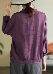 Purple Oversized Linen Blouse Tops V Neck Button Spring