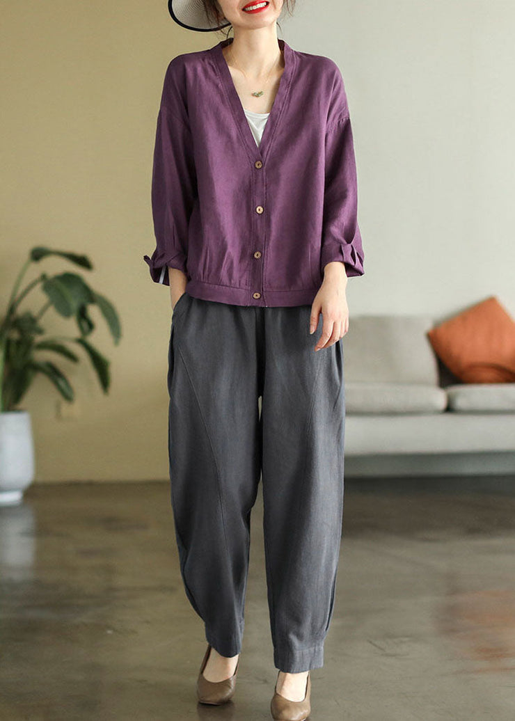 Purple Oversized Linen Blouse Tops V Neck Button Spring