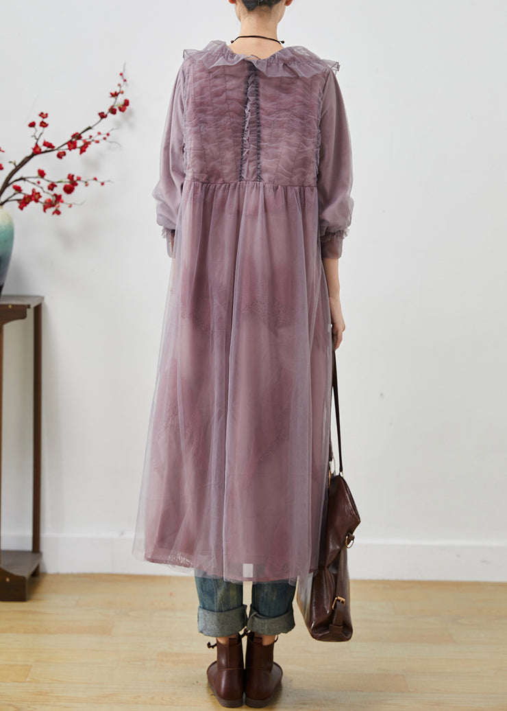 Purple Oversized Organza Maxi Dress Embroidered Fall