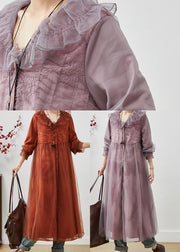 Purple Oversized Organza Maxi Dress Embroidered Fall