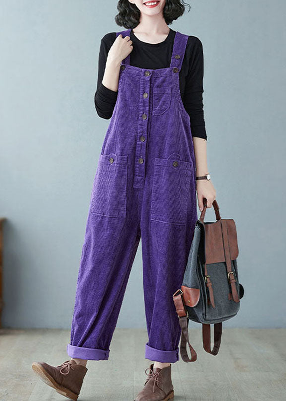 Purple Patchwork Button Cozy Corduroy Jumpsuit