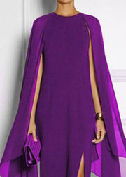 Purple Patchwork Chiffon Dresses Asymmetrical Front Open Summer