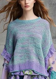 Purple Patchwork Chiffon Knitted Tops Asymmetrical Fall