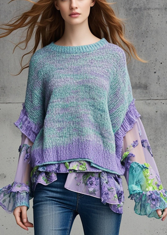 Purple Patchwork Chiffon Knitted Tops Asymmetrical Fall