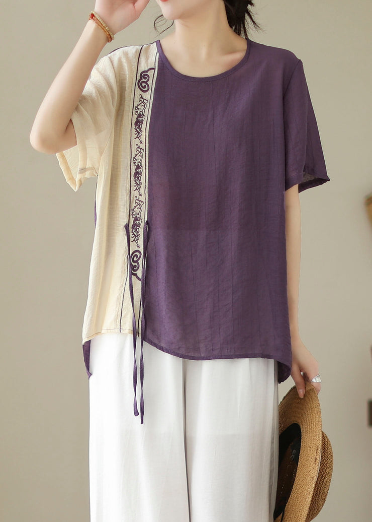 Purple Patchwork Cotton Blouses Embroideried Lace Up Summer