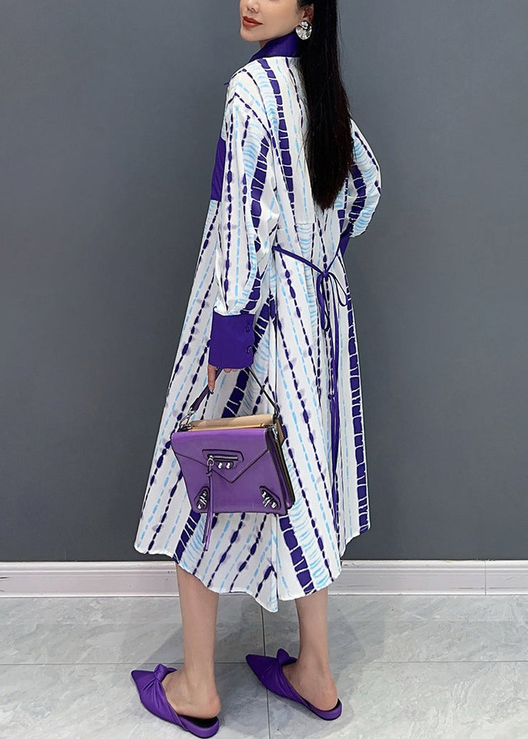 Purple Patchwork Cotton Shirts Dress Peter Pan Collar Long Sleeve