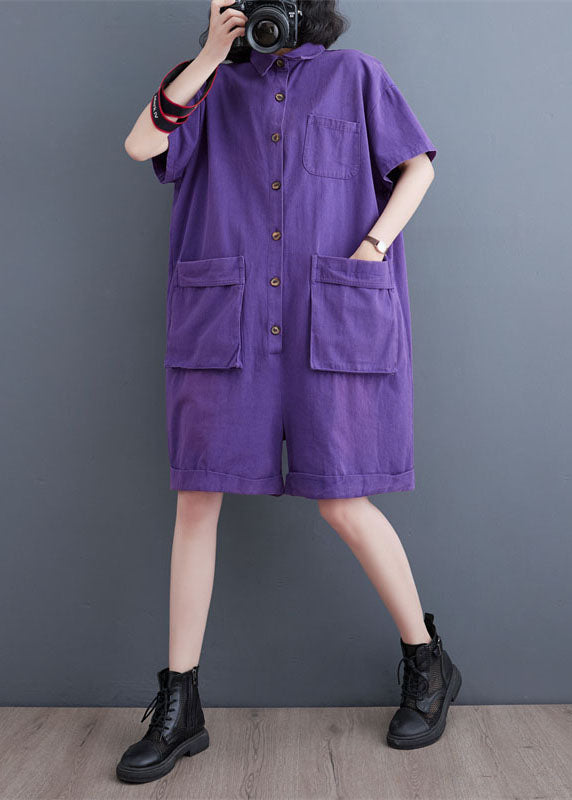 Purple Patchwork Denim Shorts Jumpsuits Peter Pan Collar Summer