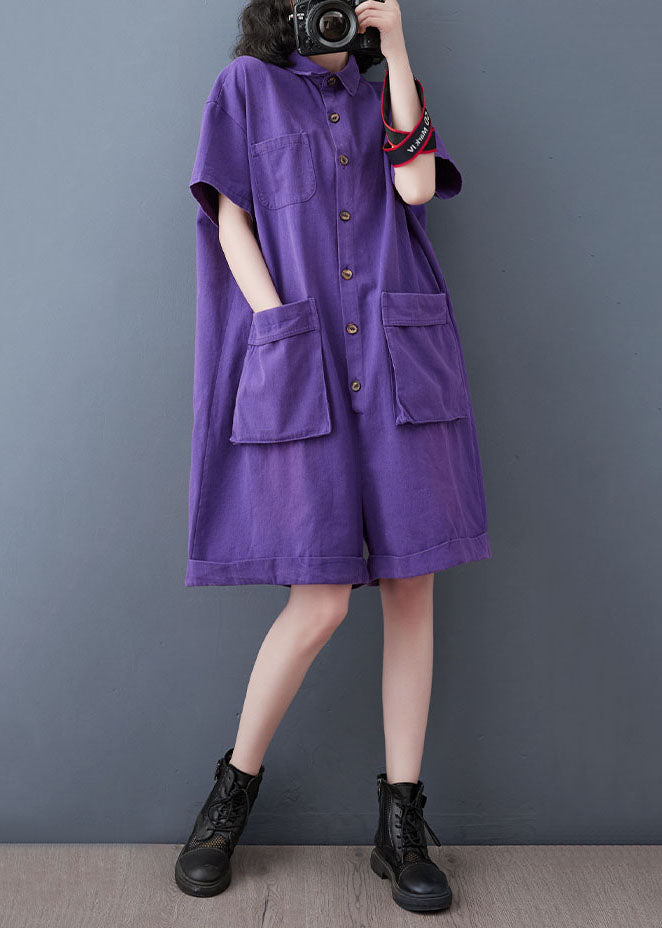 Purple Patchwork Denim Shorts Jumpsuits Peter Pan Collar Summer