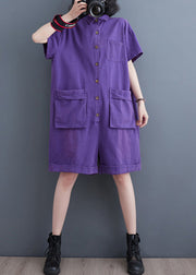 Purple Patchwork Denim Wide Leg Solid Denim Jumpsuit Short Sleeve