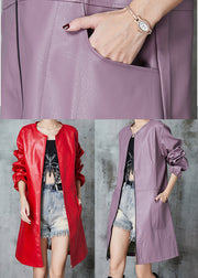 Purple Patchwork Faux Leather Trench O-Neck Spring