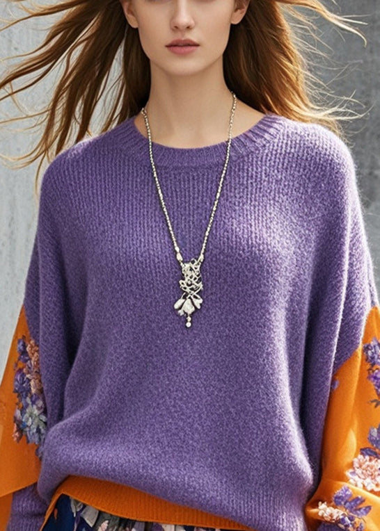 Purple Patchwork Knit Sweaters Oversized Print Fall