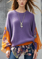 Purple Patchwork Knit Sweaters Oversized Print Fall