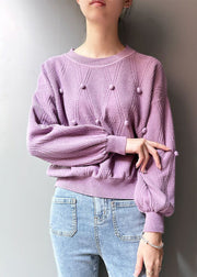 Purple Patchwork Knit Top O Neck Long Sleeve