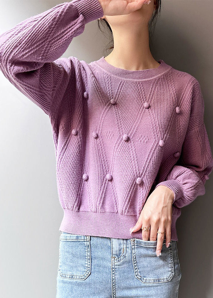 Purple Patchwork Knit Top O Neck Long Sleeve