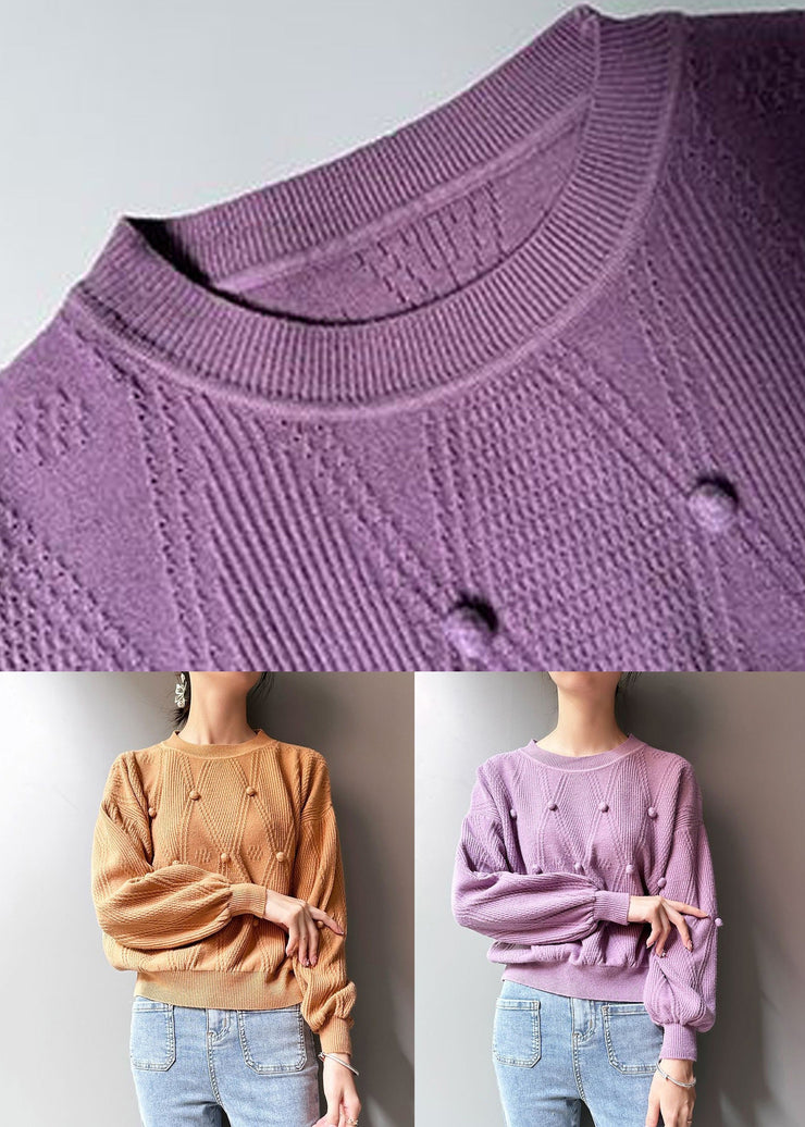 Purple Patchwork Knit Top O Neck Long Sleeve