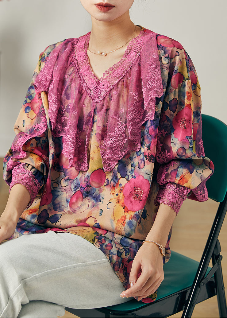 Purple Patchwork Lace Chiffon Shirt Tops V Neck Spring
