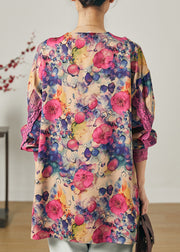 Purple Patchwork Lace Chiffon Shirt Tops V Neck Spring