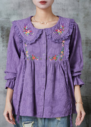 Purple Patchwork Lace Cotton Shirt Top Embroidered Spring