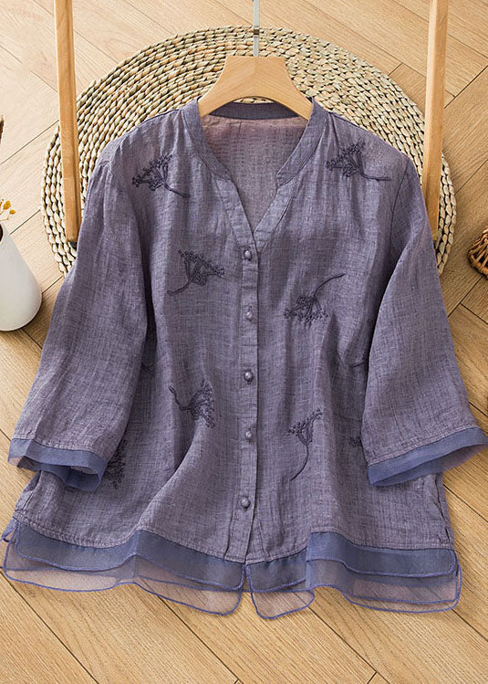 Purple Patchwork Linen Blouse Shirt Top V Neck Embroideried Half Sleeve