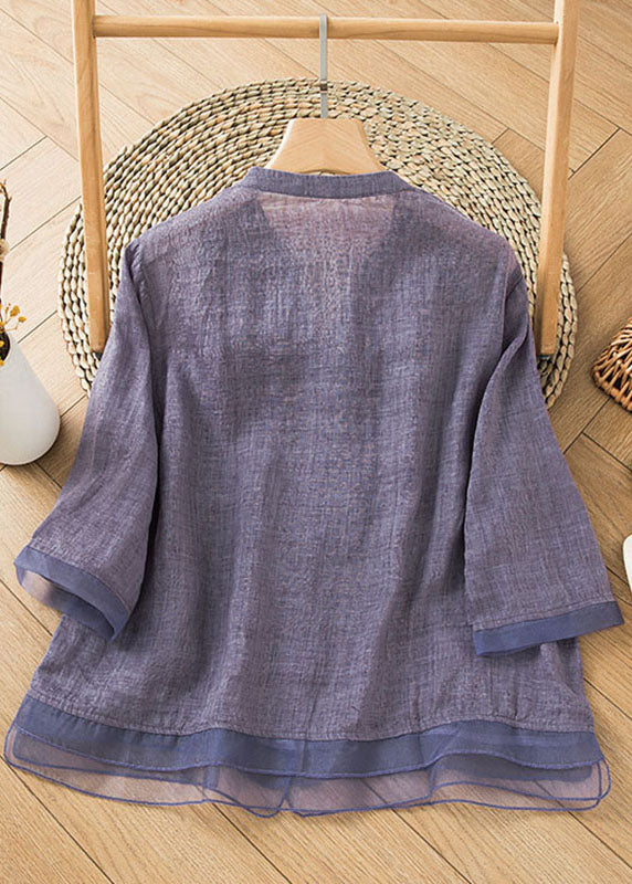 Purple Patchwork Linen Blouse Shirt Top V Neck Embroideried Half Sleeve