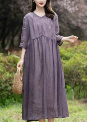 Purple Patchwork Linen Dress V Neck Embroideried Wrinkled Summer