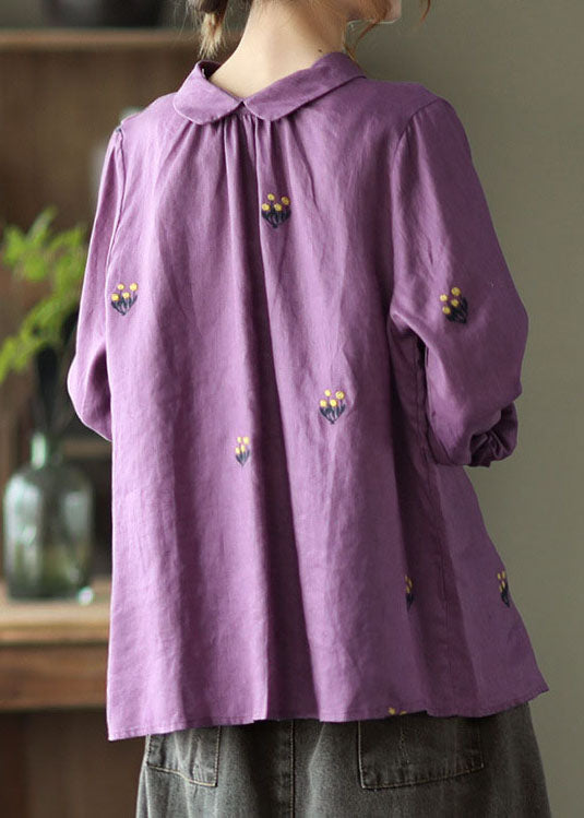 Purple Patchwork Linen Shirts Peter Pan Collar Embroideried Spring