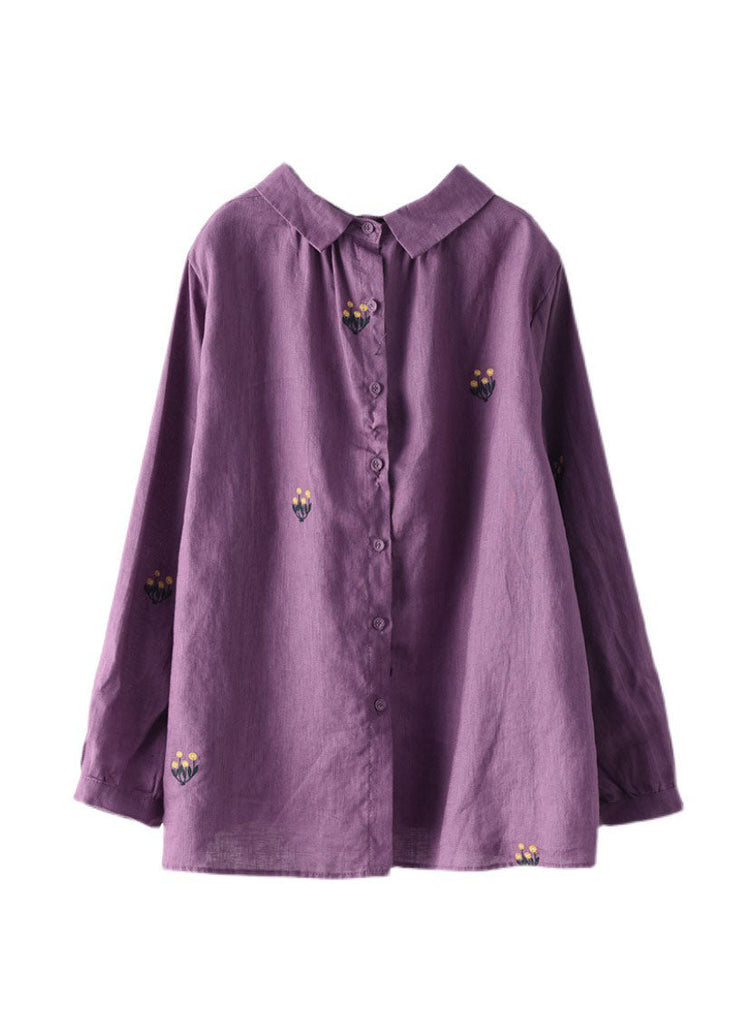 Purple Patchwork Linen Shirts Peter Pan Collar Embroideried Spring