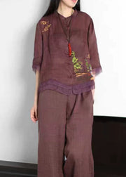 Purple Patchwork Linen Tops Embroideried Button Stand Collar Summer