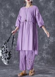 Purple Patchwork Linen Two Pieces Set Embroideried Lantern Sleeve