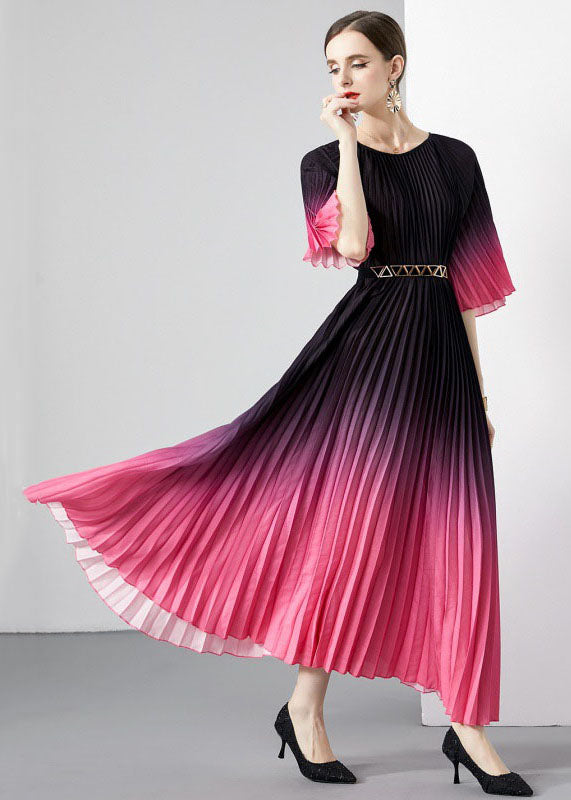 Purple Patchwork Loose Chiffon Long Dress Wrinkled O Neck Summer