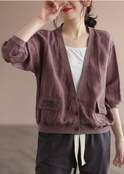 Purple Patchwork Pockets Linen Loose Coats V Neck Spring