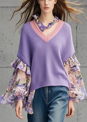 Purple Patchwork Print Knit Tops Ruffled Lantern Sleeve