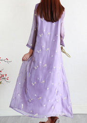 Purple Patchwork Silk Dresses Embroideried Stand Collar Summer