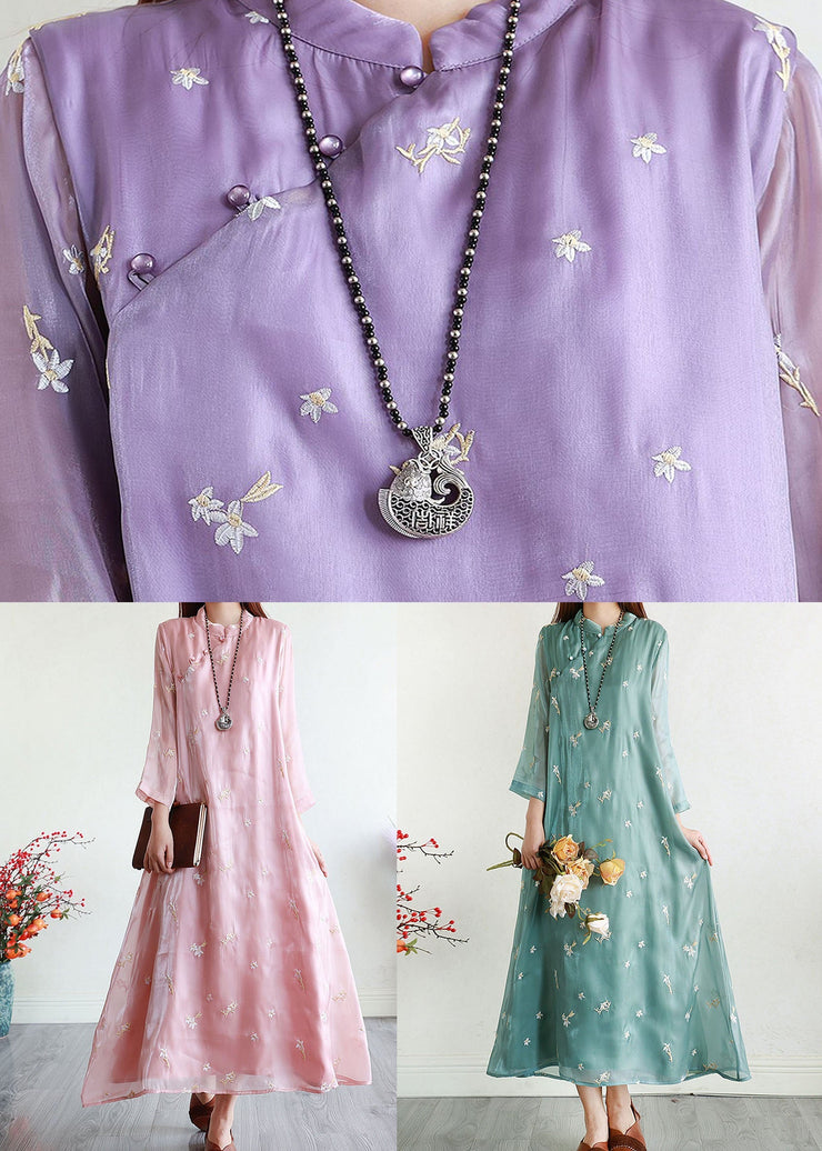 Purple Patchwork Silk Dresses Embroideried Stand Collar Summer