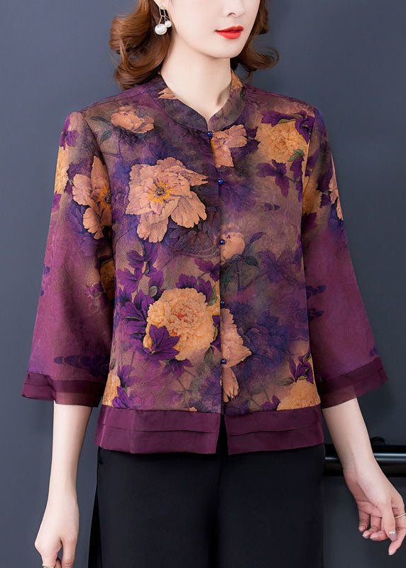 Purple Patchwork Silk Shirt Top Stand Collar Print Bracelet Sleeve