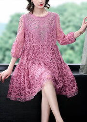 Purple Patchwork Tulle Dress Embroideried O-Neck Summer