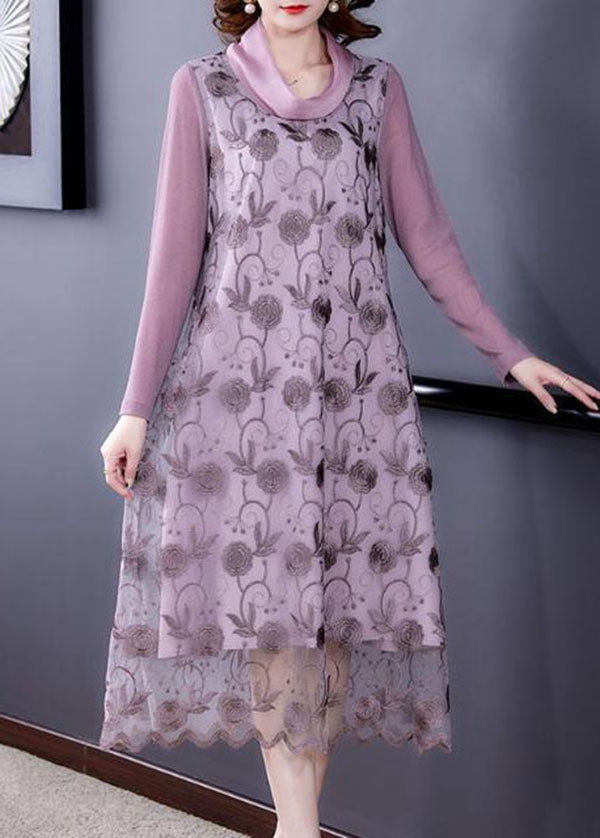 Purple Patchwork Tulle Maxi Dresses Embroideried Spring