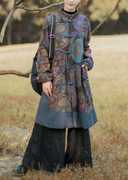 Purple Patchwork Warm Fleece Long Coats Stand Collar Print Winter