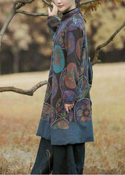 Purple Patchwork Warm Fleece Long Coats Stand Collar Print Winter