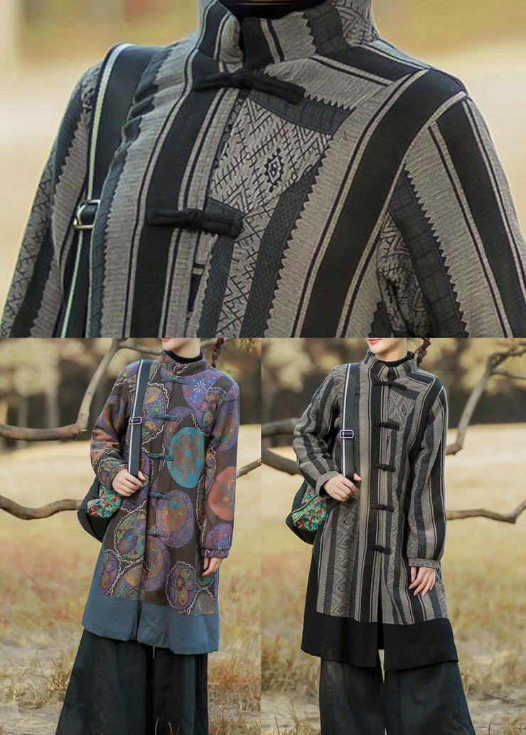 Purple Patchwork Warm Fleece Long Coats Stand Collar Print Winter