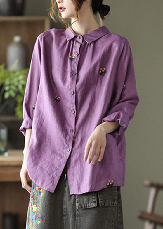 Purple Peter Pan Collar Button Linen Shirt Long Sleeve