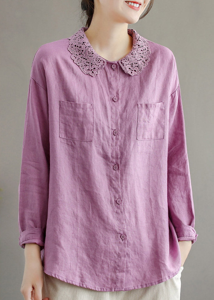 Purple Peter Pan Collar Button Linen Shirts Long Sleeve