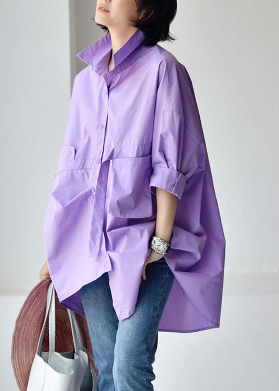 Purple polka dots Peter Pan Collar Low High Design Cotton Shirt Long Sleeve