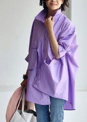 Purple text Peter Pan Collar Low High Design Cotton Shirt Long Sleeve